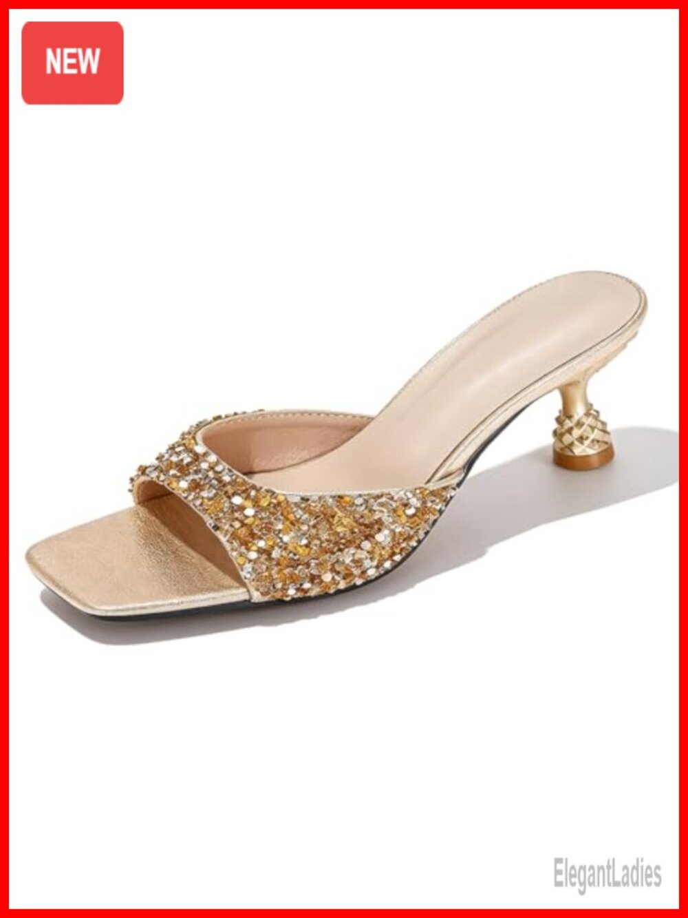 Sequin Kitten Heel Slide Sandals Square Toe Slip On Mule